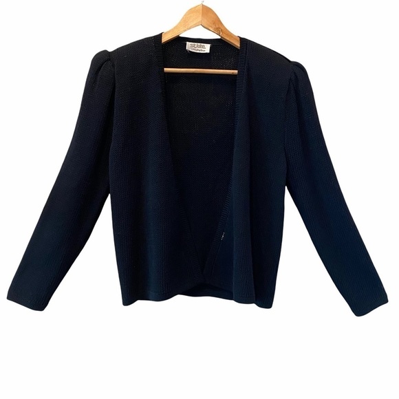 ST. JOHN Vintage 70’s Santana Knit Open Front Puff Shoulders Black Cardigan - Picture 2 of 10